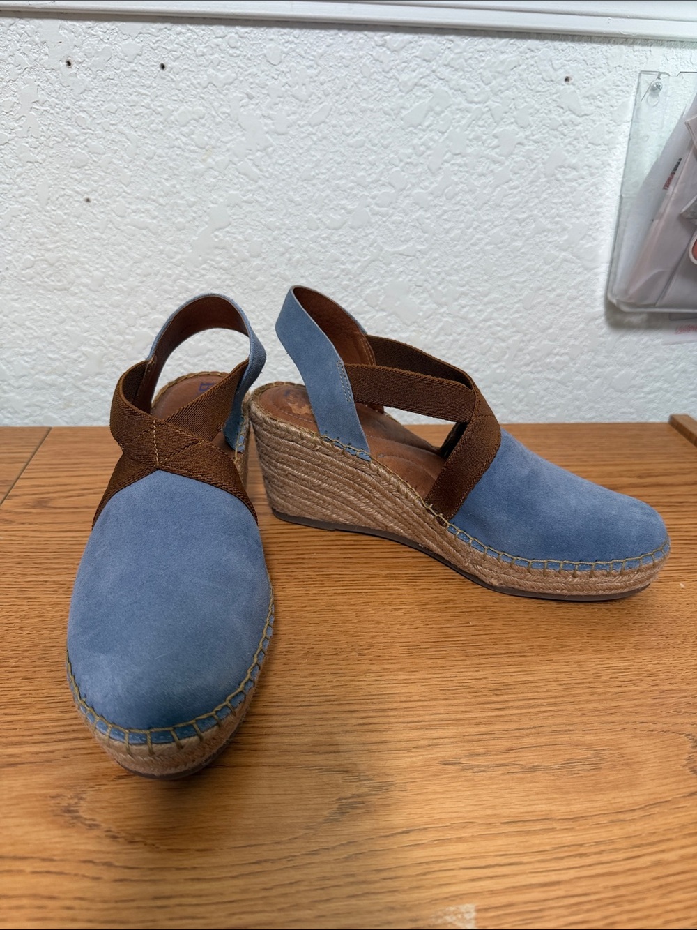 Born Blue Suede Espadrille Wedge with Brown Elastic Cross Straps